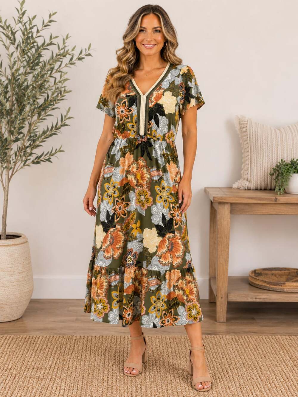 Luxology Floral Midi Dress Womens L Green V Neck Ruffle Hem Boho Rayon